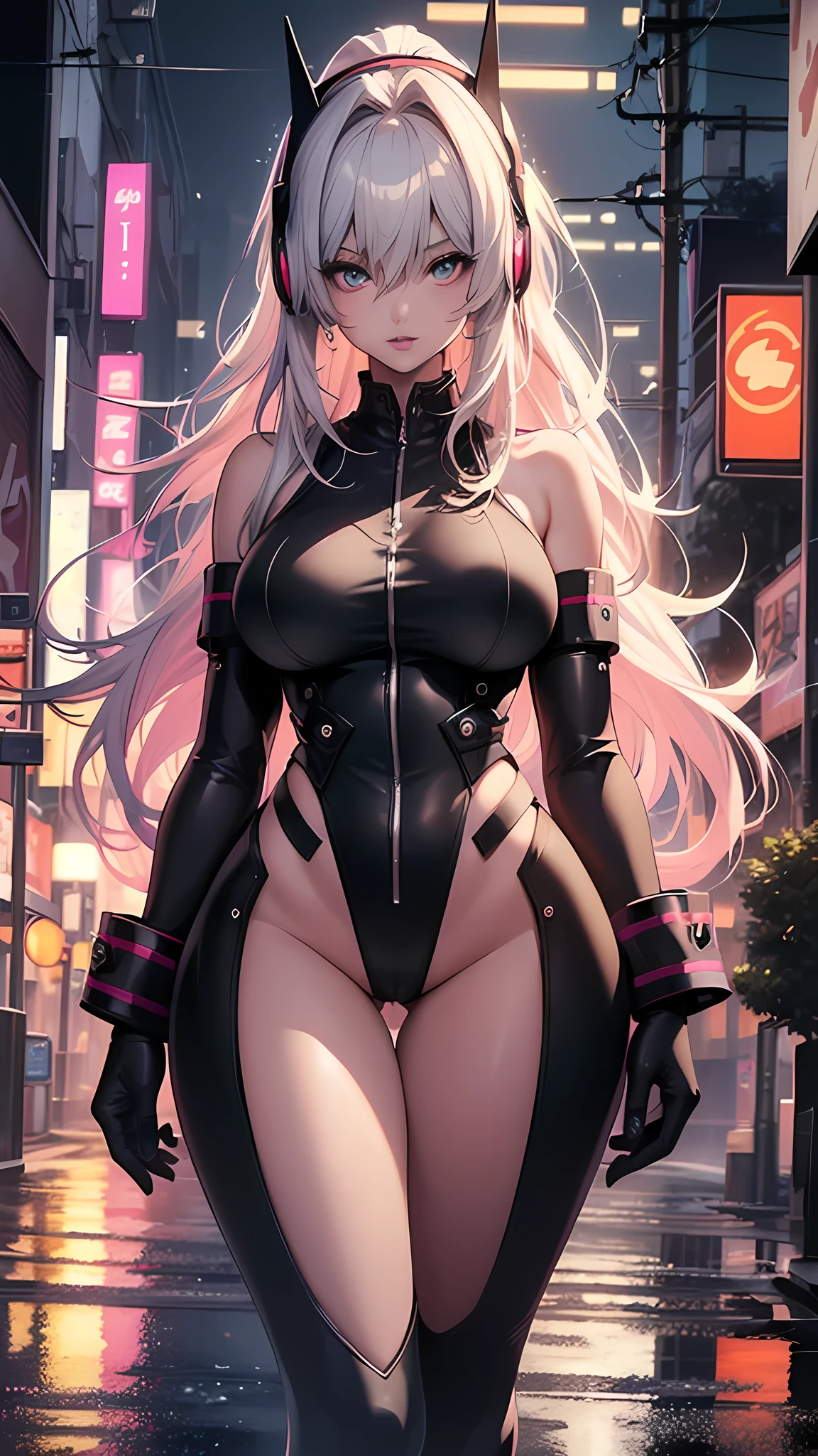 ((8k,masterpiece, best quality, highres)) ultra-detailed, beautiful,Realistic eyes,perfect face,beauty,perfect body,1girl,voluptuous_body,narrow_waist,parted lips,thin and tall, an anime-style long hair girl walking through a neon-lit city on a rainy night, wearing headphones