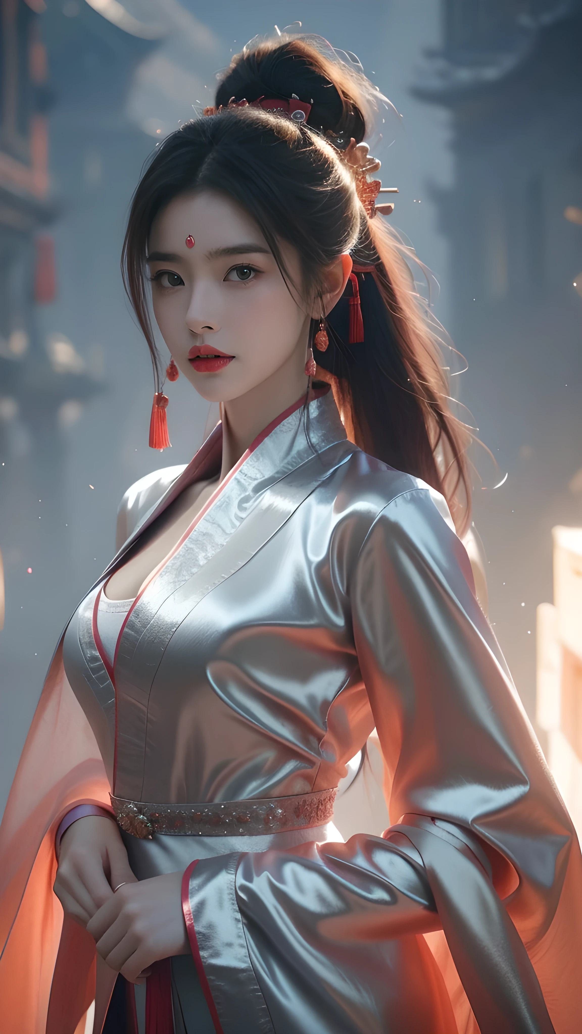 close up, Game Art,Best picture quality,Maximum resolution,8k,((A bust photo)),((portrait)),((headclose up)),(Rule of Thirds),Unreal Engine 5 rendering works, (Future Girl),(Female Warrior), 22 year old girl,(Ancient Chinese women),(Rainbow hair,Ancient Oriental Hairstyle),((Red pupils:1.3)),(Beautiful eyes full of details),(Large Breasts),(Eyeshadow),Elegant and charming,indifferent,((anger)),(A Chinese style silk jacket,Belly band,The clothes are decorated with patterns with Chinese characteristics,The sparkle of jewelry,White),(The clothes are made of silk:1.5),number,Fantasy style, Photo poses,City background,Movie Lighting,Ray Tracing,Game CG,((3D Unreal Engine)),OC rendering reflection mode, cleveage