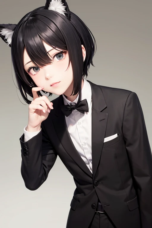 A young man with black hair and black cat ears, Black Suit, Black bow tie, Butler, looking at the camera, Nendoroid