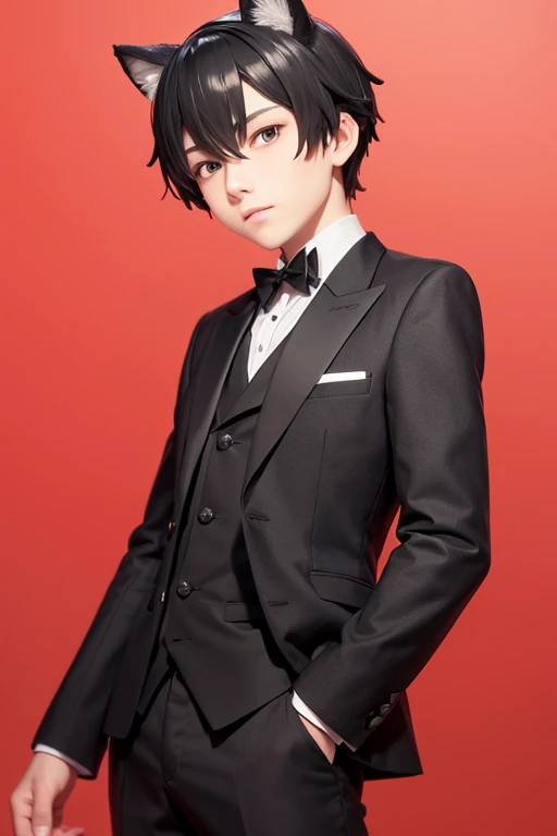 A young man with black hair and black cat ears, Black Suit, Black bow tie, Butler, looking at the camera, Nendoroid