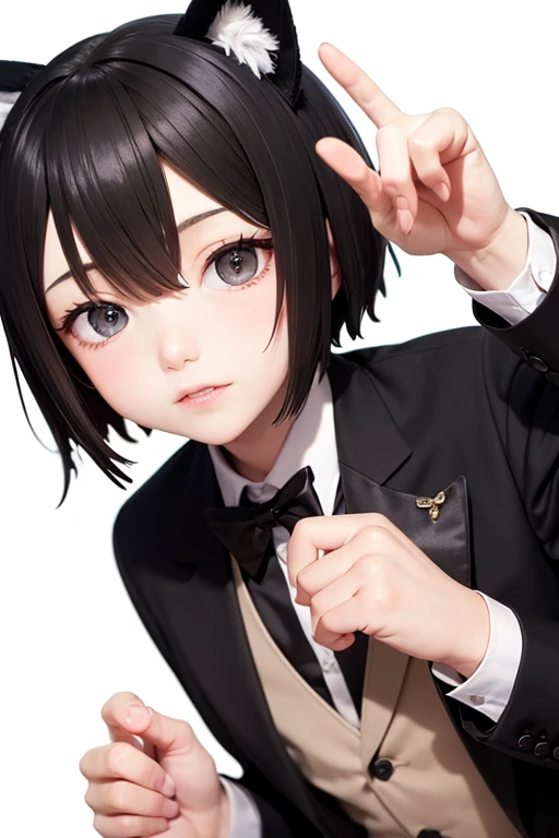 A young man with black hair and black cat ears, Black Suit, Black bow tie, Butler, looking at the camera, Nendoroid