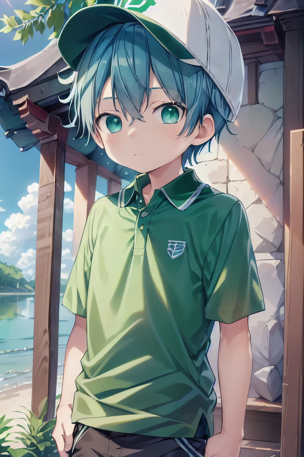 1boy, aoi, blue hair, masterpiece, ultra detail, male focus, green polo shirt, green baseball cap, green eyes
 