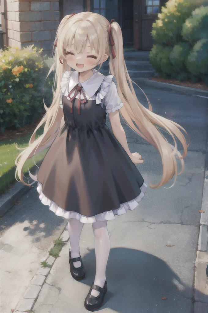 AS-YoungerV2, (picture-perfect:1.2), 1girl, (solo:1.1), (looking at viewer:1.2), (blonde hair, light brown hair:1.1), (very long hair:1.3), (wavy hair:1.2), (twintails:1.1), closed eyes, (smile, blush, :d:1.2), (outdoors:1.1), (full body:1.2), standing, (black dress, frilled dress, long dress, white pantyhose:1.1), short sleeves, from above, arms behind back, ribbon