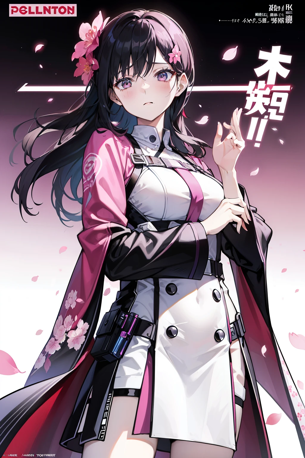 Picture prompt: A solo woman, wearing a colorful and trendy outfit, confidently poses in front of a vibrant background with cherry blossoms in full bloom. She holds a 9mm pistol with a bold, attention-grabbing grip, her expression determined and focused. The scene is dynamic, with elements such as petals gently falling from the sky and a striking, modern font for the title "Protector." (magazine:1.3), (cover-style:1.3)
Further description: The woman's long, wavy, gradient hair is visible, framing her face as she gazes intently at the viewer. Her outfit consists of a vibr
