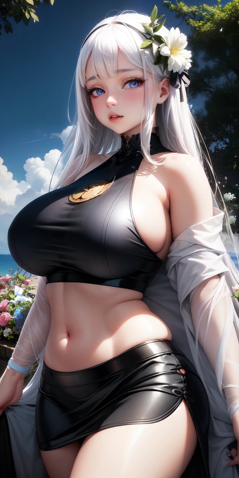 realistic, 1girl, white hair, long, slightly chubby body, blue eyes, big round breasts, shining eyes, black crop top, black skirt, parted lips, blush, evening, flowers, sun, sunshine