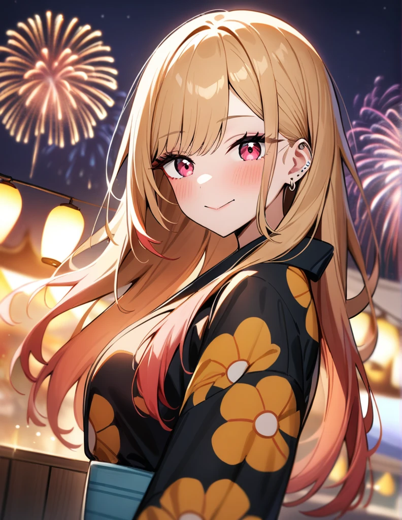 1girl, kitagawa marin, sono bisque doll wa koi wo suru, yukata, fireworks, festival, closed mouth, masterpiece, best quality, very aesthetic, absurdres, looking at viewer