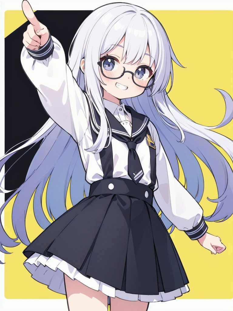 light-white striped background,flat color, scanlines, screentones, geometry art, 1girl, messy hair, glasses, pointing at cheek, skirts,shadow, grin,outline,