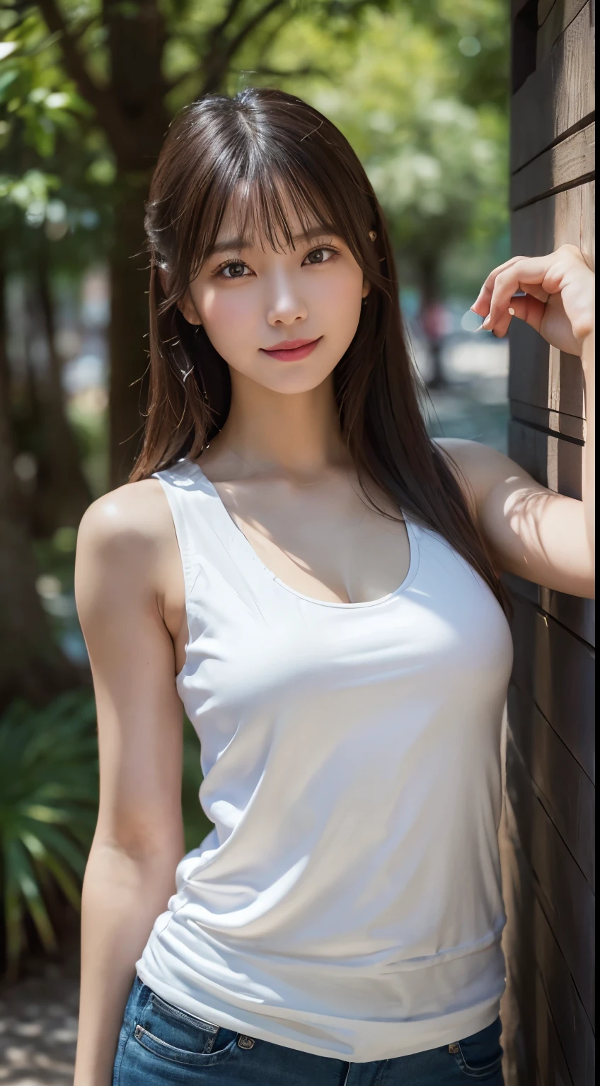 An innocent 20-year-old girl、((White tank top, Dramatic Pose)),smile,shortcut,natural Park、RAW Photos, (8k、highest quality、masterpiece:1.2)、(Intricate details:1.4)、(Photorealistic:1.4)、Octane Rendering、Complex 3D rendering with ultra-detail, Studio Soft Light, Rim Light, Vivid details, Super Detail, Realistic skin texture, Detailed aspect, Beautiful details in the eyes, Highly detailed CG Unity 16k wallpaper, compensate, (Detailed Background:1.2), Glowing Skin, whole body、Cleavage,((Standing with hands behind back、Leaning forward、Angle from above))