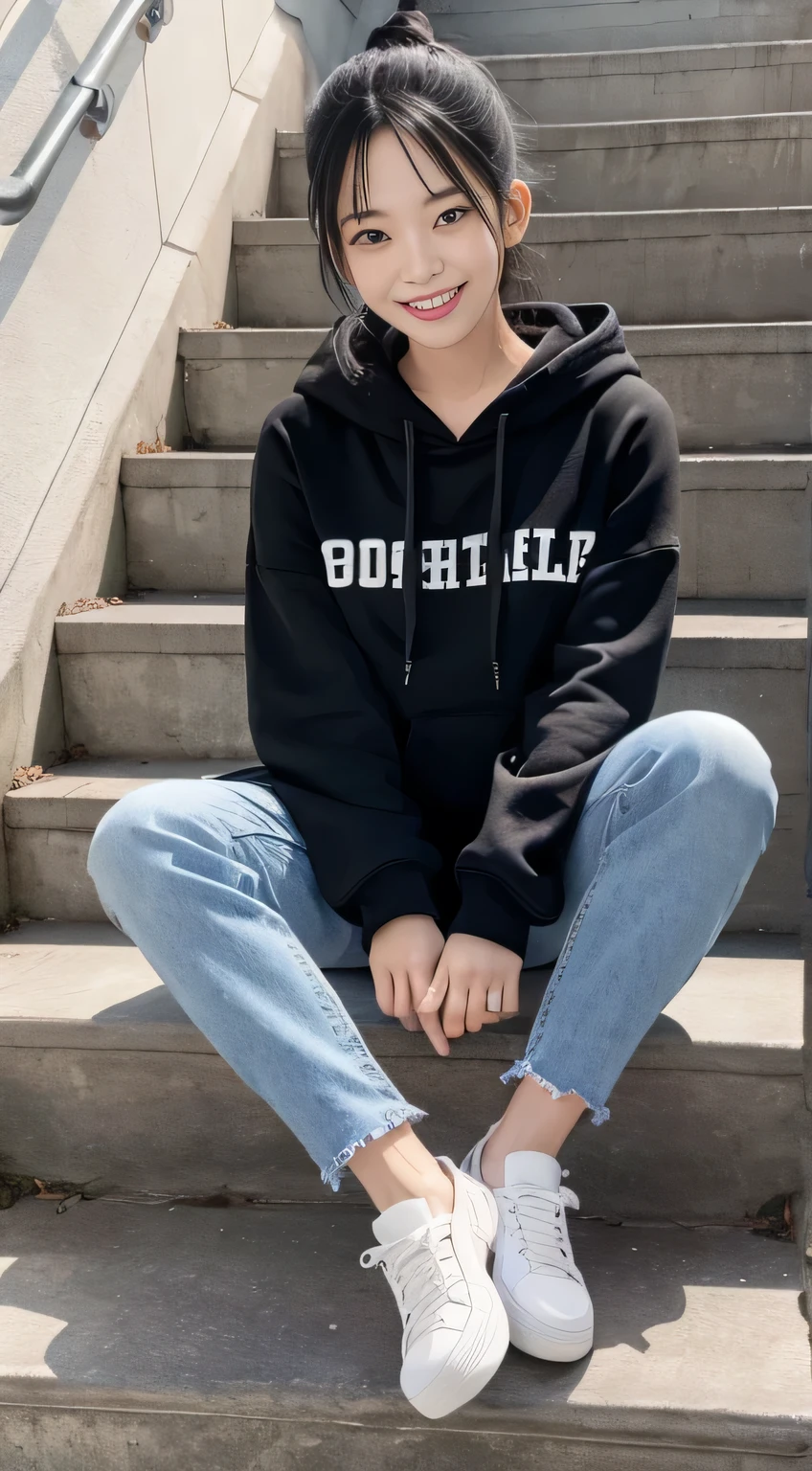 highest quality, Realistic, Very detailed, Finer details, High resolution, 8k wallpaper, One beautiful woman,Sit on the stairs、(Wear black socks)smile、(Beautiful teeth alignment、)(Gums are visible) Oversized hoodie, Skinny jeans,( Black sneakers)、Black Hair、 Beautiful Bangs、ear piercing、Perfect dynamic composition, Beautiful and detailed, Full Body Shot, A big smile black socks