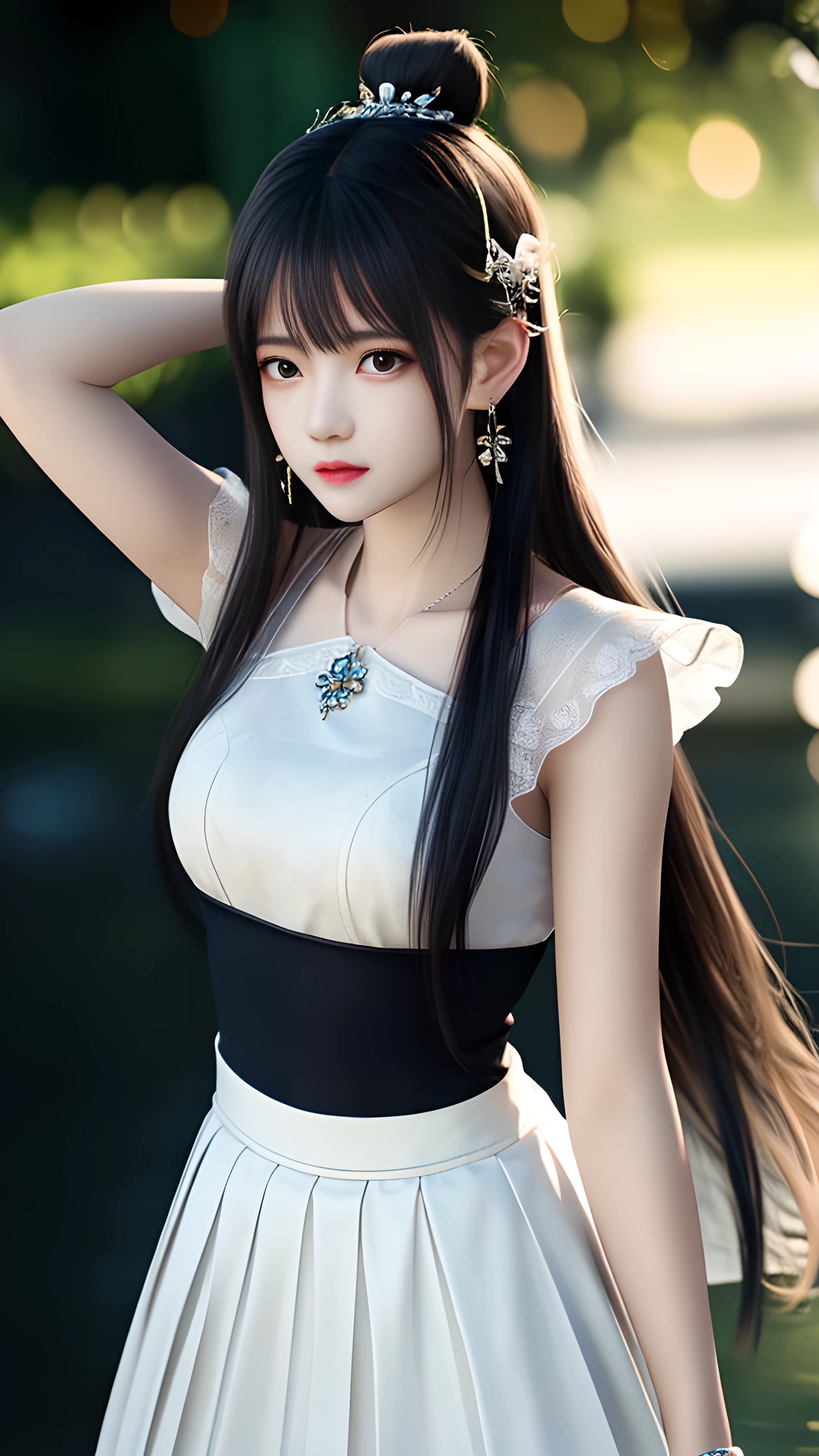best quality,masterpiece,high resolution,CG,
1 Girl,arms,sword,Long hair,skirt,water,Solitary,jewelry,white skirt,earrings,Hair accessories,splash,Upper Body,Hair Bun,Black Hair,
light,frank,photo,high resolution,4K,8k,Bokeh,
