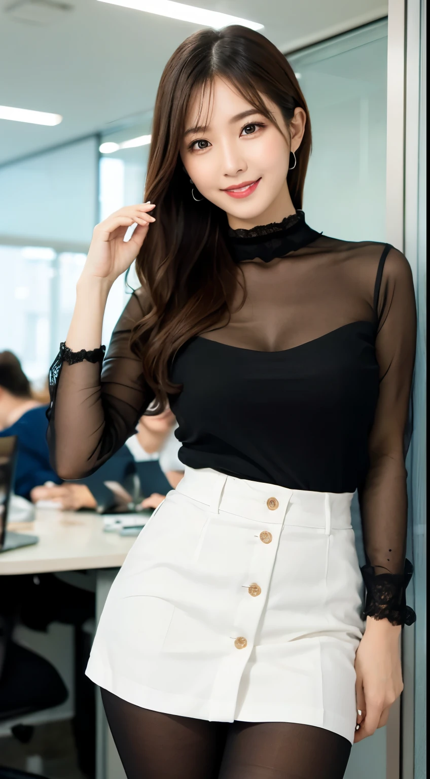 ulzzang-6500-v1.1, (Raw photo:1.2), (Photorealistic), (See-through:1.3), (masterpiece), (Genuine:1.4), Very detailed, Sharp focus, One beautiful woman, Updo, White Tight Button Shirt, Black tight skirt, (Ultra-realistic pantyhose), Very detailed顔と肌の質感, ((Fine grain)), ((Beautiful Eyes:1.2)), Makeup、smile, office