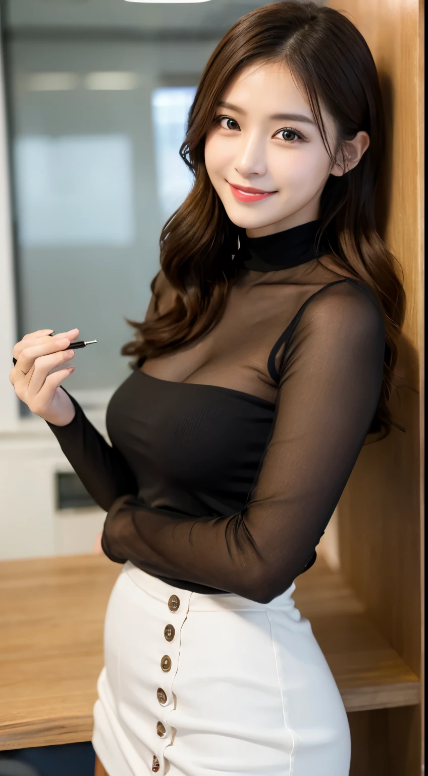 ulzzang-6500-v1.1, (Raw photo:1.2), (Photorealistic), (See-through:1.3), (masterpiece), (Genuine:1.4), Very detailed, Sharp focus, One beautiful woman, Updo, White Tight Button Shirt, Black tight skirt, (Ultra-realistic pantyhose), Very detailed顔と肌の質感, ((Fine grain)), ((Beautiful Eyes:1.2)), Makeup、smile, office