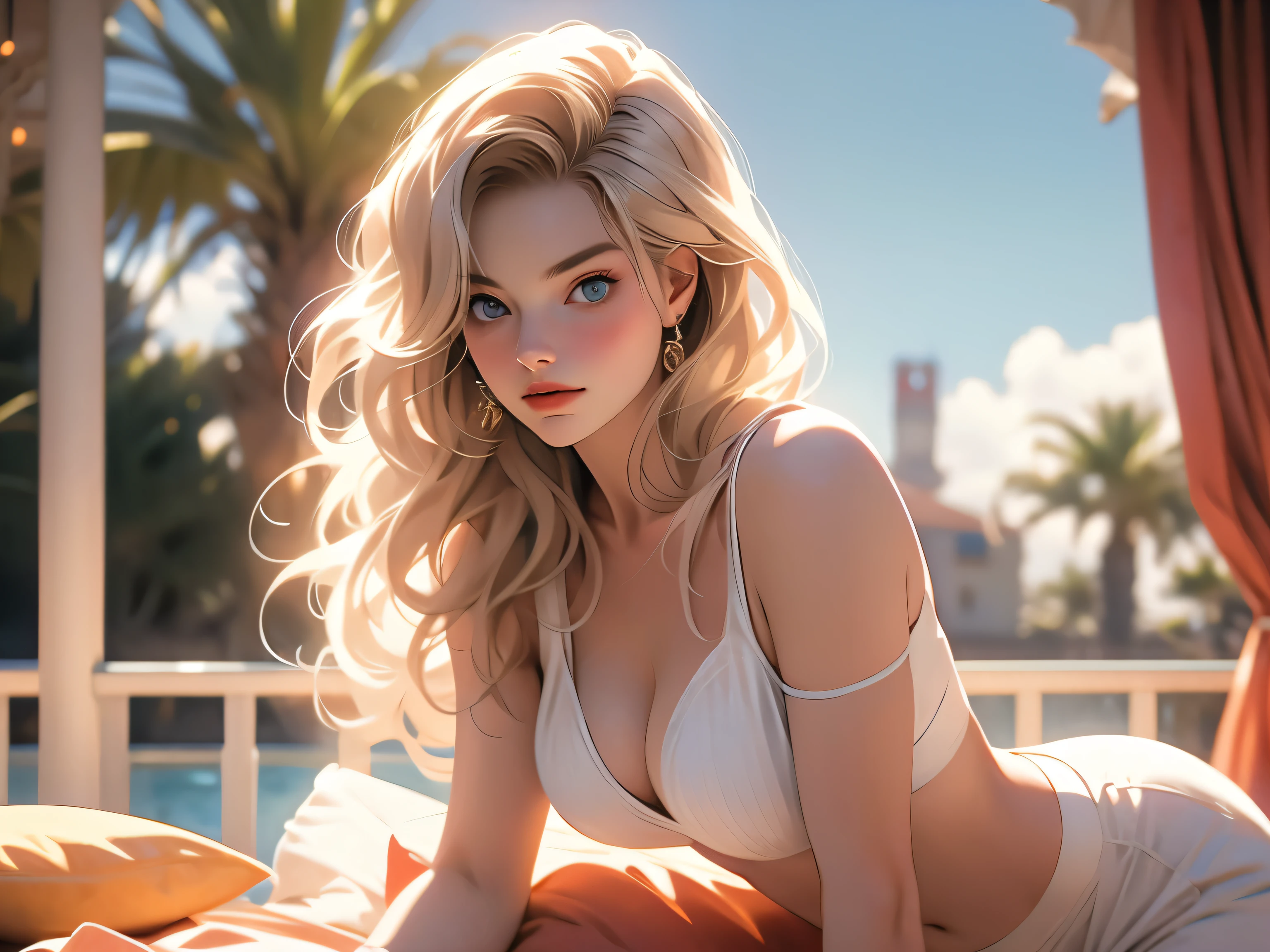 A woman in underwear with Margot Robbie's face, dancing,Wearing an orange bikini,highest quality, Very detailed, 1 girl,Redhead, Long braided hair, Golden Eyes, bangs, Naked Women,Very small pointed breasts, White bikini swimsuit, Looks lewd,, (bad: 1.2),Exposing breasts, Looking at the audience,Spread your legs, (Face to face: 1.3), (Dark Background, rock: 1.3), Full Shot, Crisp contrast, Beautiful fine details,,White panties,High heels,,,I can see your underwear,Sleeping in bed,