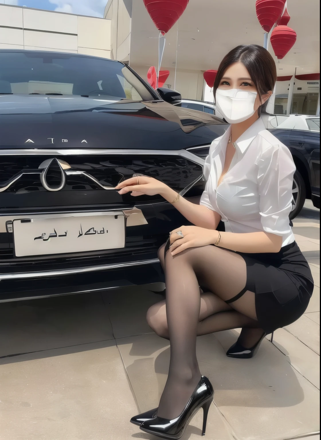 Arabian woman wearing a white shirt and black skirt sitting in a car, 🔞🤡, 😃😀😄☺🙃😉😗, 🪔 🎨;🌞🌄, 38 years old, 3 6 years old, 28 years old, 29-year-old, 🚿🗝📝, 8k)), 32 years old, Ultra-realistic pantyhose、High heels、