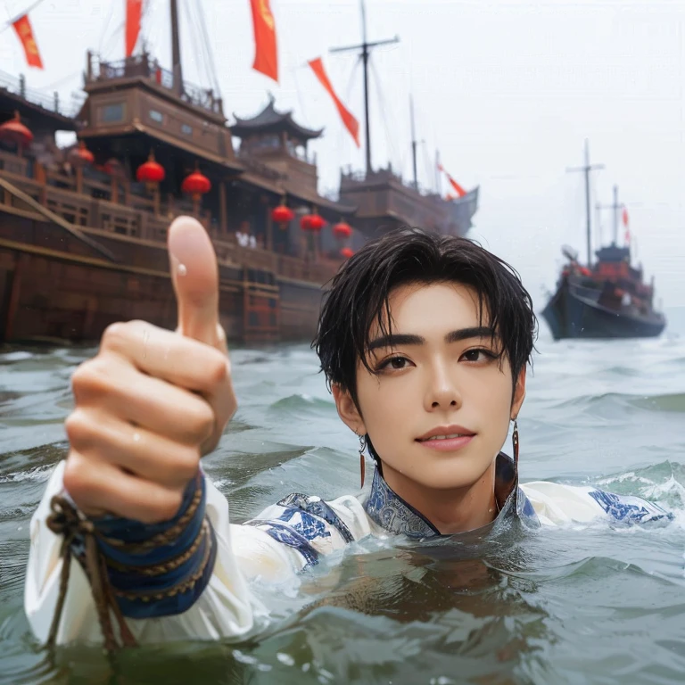 (Best Quality:1.2), (high resolution:1.2), (beautiful face and eye:1.5), (sharpest focus:1.2), (Ultra-realistic Photo:1.2), (Ultra-precise Photo:1.2), (Depth of field:1.2), (8k high resolution:1.2). (perfect anatomy:1.2), 
(nice hands:1.5), (perfect hands:1.5), (One drowning Chinese man:1.2), (Very young and beautiful Chinese man:1.0), (Smiling thumbs up in a state of resignation:1.2), (Looking up angle:1.2), 
(Chinese warrior in very light clothing, beaten up:1.0), (Majestic Chinese river:1.0), (Cynical smile:1.0), (Giant battleship:1.0), (Mars shining reddish-red in the night sky:1.2), 