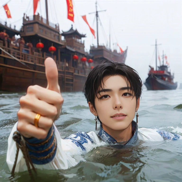 (Best Quality:1.2), (high resolution:1.2), (beautiful face and eye:1.5), (sharpest focus:1.2), (Ultra-realistic Photo:1.2), (Ultra-precise Photo:1.2), (Depth of field:1.2), (8k high resolution:1.2). (perfect anatomy:1.2), 
(nice hands:1.5), (perfect hands:1.5), (One drowning Chinese man:1.2), (Very young and beautiful Chinese man:1.0), (Smiling thumbs up in a state of resignation:1.2), (Looking up angle:1.2), 
(Chinese warrior in very light clothing, beaten up:1.0), (Majestic Chinese river:1.0), (Cynical smile:1.0), (Giant battleship:1.0), (Mars shining reddish-red in the night sky:1.2), 