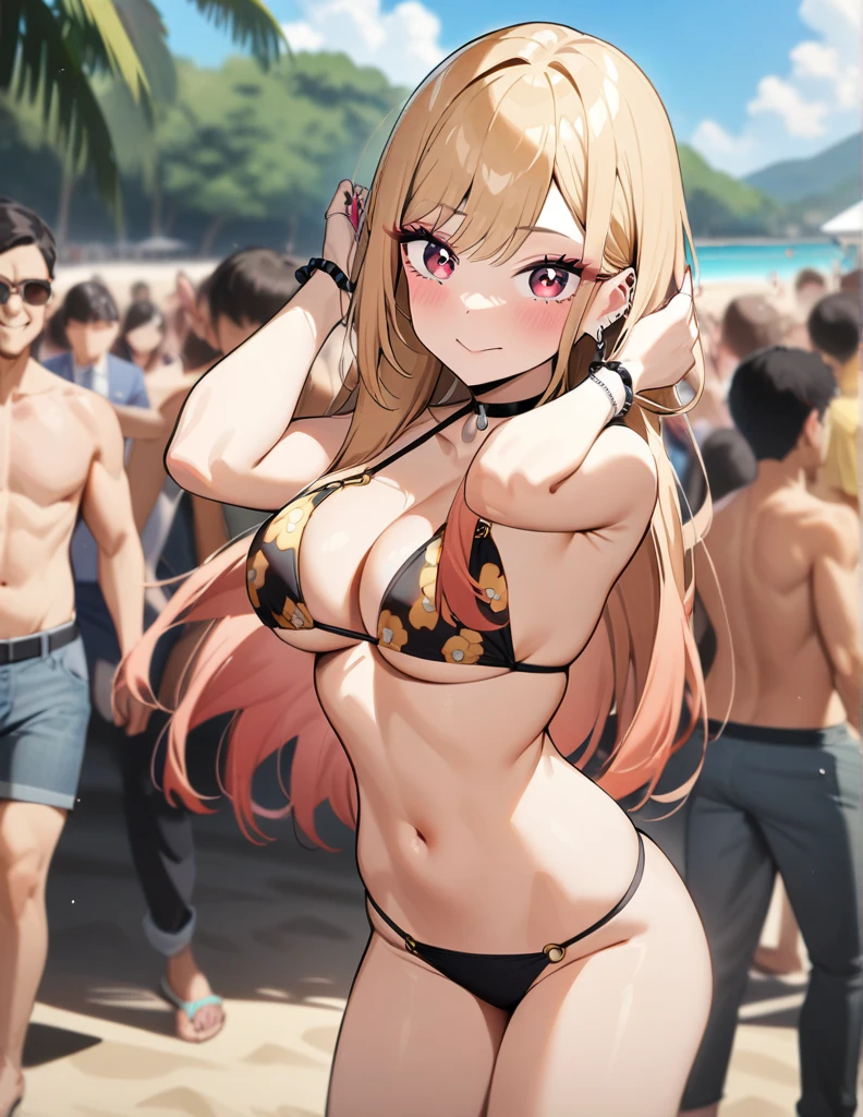 1girl, kitagawa marin, sono bisque doll wa koi wo suru, bikini, beach, crowd, closed mouth, masterpiece, best quality, very aesthetic, absurdres, looking at viewer