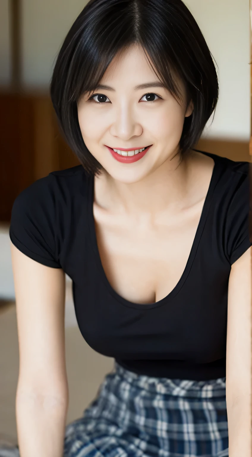 Very Short Hair Black Hair A seductive smile Skirt 40 years old Japanese Plain T-shirt G-cup breasts Surreal