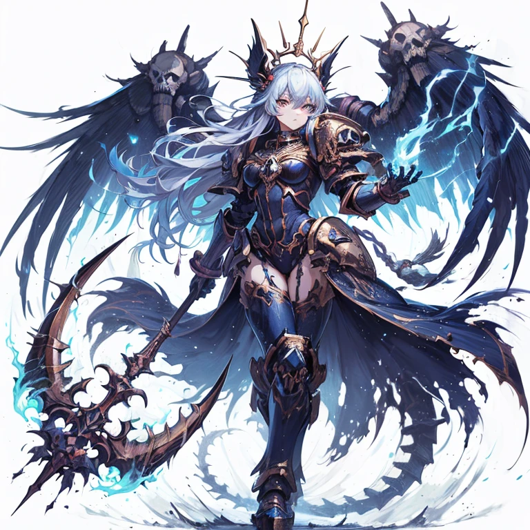 Masterpiece, best quality, ultra-detailed, anime style, full body of Chaos Demon girl, midnight blue and brass power armor, bone motif, held huge glaive, clawed and tailed, supernatural Lightning and flame, ((winged skull symbol)), warhammer 40K, 8k high resolution, trending art station, white background, whole body, standing in storm Night.
