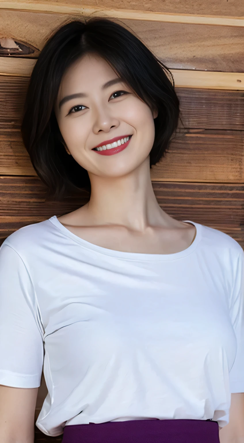Very Short Hair Black Hair A seductive smile Skirt 40 years old Japanese Plain T-shirt G-cup breasts Surreal