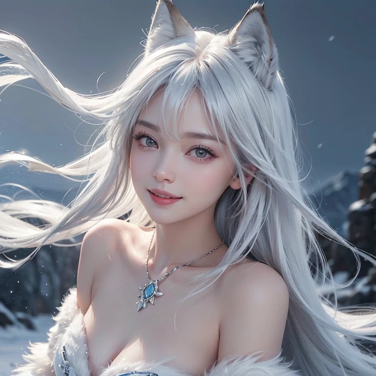 snowing mountain、white wolf、 ((highest quality、masterpiece、8k、best image quality、ultra high resolution、Award-winning work)、(accurate anatomy:1.1)、(look at me and smile:1.1)、Shining fair skin with ultra high resolution、most detailed face、ultra high resolution detailed face、white short hair flowing 、Beautiful face drawn in every detail、(blurred background:1.1)、 Inuit fur clothing, chest together, real wolf beside the girl 