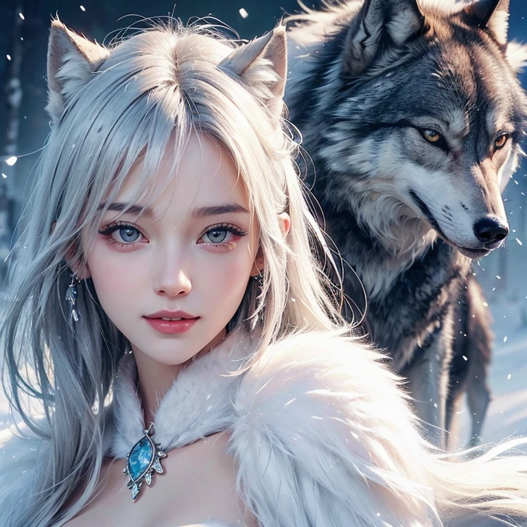 snowing mountain、white wolf、 ((highest quality、masterpiece、8k、best image quality、ultra high resolution、Award-winning work)、(accurate anatomy:1.1)、(look at me and smile:1.1)、Shining fair skin with ultra high resolution、most detailed face、ultra high resolution detailed face、white short hair flowing 、Beautiful face drawn in every detail、(blurred background:1.1)、 Inuit fur clothing, chest together, real wolf beside the girl