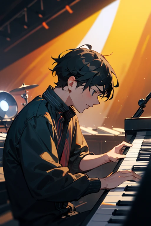 ((highest quality)), ((masterpiece)), (detailed), Perfect Face rock band Performing on stage A man in his 30s playing the keyboard Black Hair Sporty short hair Kind Face Calm atmosphere