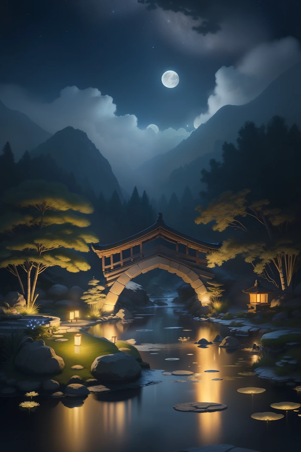 (Breathtaking ancient Chinese landscape under the moonlight, intricate architecture bathed in twinkling light, serene lakes reflecting the night sky, shaded by towering bamboo forests, stone bridge arches gracefully spanning the water, gurgling water adding to the tranquil ambiance, rockery stone paths leading to hidden corners, blooming water lilies illuminated by the soft moonlight, hot spring water vapor rising against the cool night air, auspicious illustration of the moon and stars adorning the scene: 1.0), an epic composition filled with intricate details, super realistic lighting bringing every texture to life, the finest wallpaper quality, a true