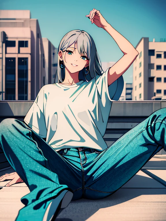 cute, masterpiece, highest quality, A girl stretching out her legs on the rooftop, alone,Silver Hair, Small earrings Medium hair, casual,outside,Artistic,An illustration,Pants Style,Line art,,smile,Aqua Eye,