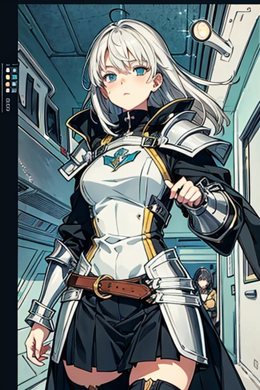 A 2D impressionist illustration of a Russian girl in her early 20s with ash-gray hair wearing jet-black armor heading out on a covert mission. Full of dynamism.