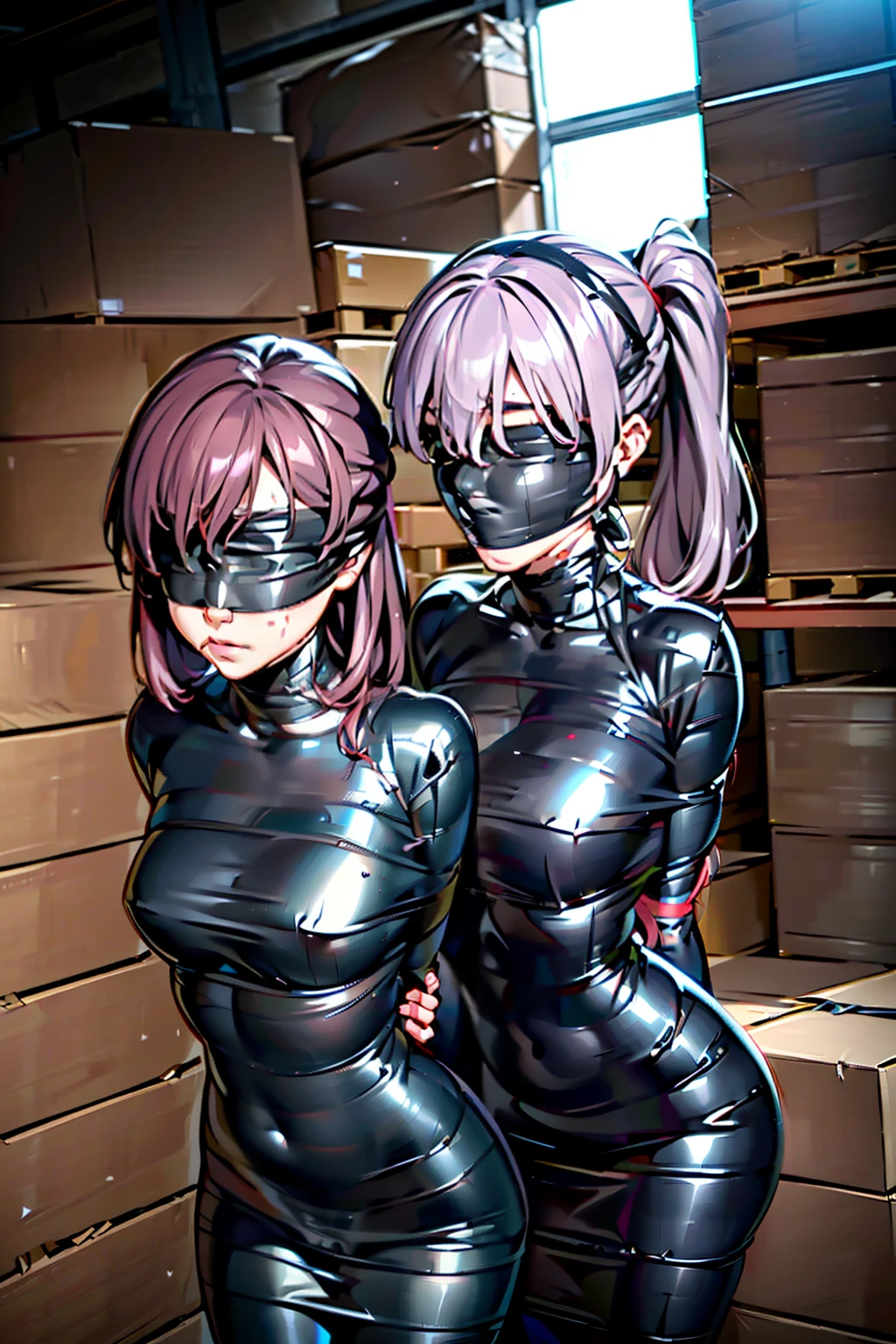 ((Imprisoned in a warehouse)), ((4 women)), duct tape, gagged, mummification, arms behind back, (Highly detailed CG Unity 8k), (highest quality)，(Very detailed)，(Ultra-high resolution), ************, Black Hair, duct tape blindfold, mummified, ((Duct tape is used to restrain the whole body.:1.2)), blindfold, ((Cover the eyes completely with duct tape:1.2)), Hands tied behind back, 1人目はBlack Hairロングヘアー, The second person has brown hair and a bob cut., The third person has medium-long red hair., The fourth person is a silver-haired ponytail., BDSM, ((head band)), Four people huddle together,