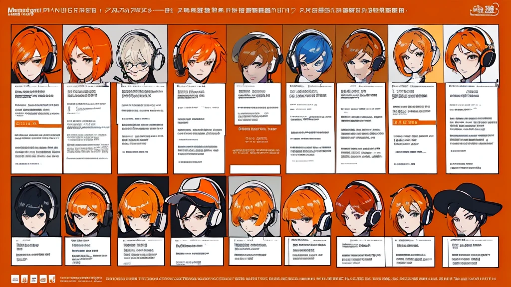 (Masterpiece,Highest quality),(Maximum details),(character design sheet,page,behind,side,All characters are the same.),woman,short hair,White and orange hair,pageตาน่ารัก,Bored,There are headphones on the neck.,Wear a white sweater,Wear orange shorts,orange eyes,Wear an oval hat