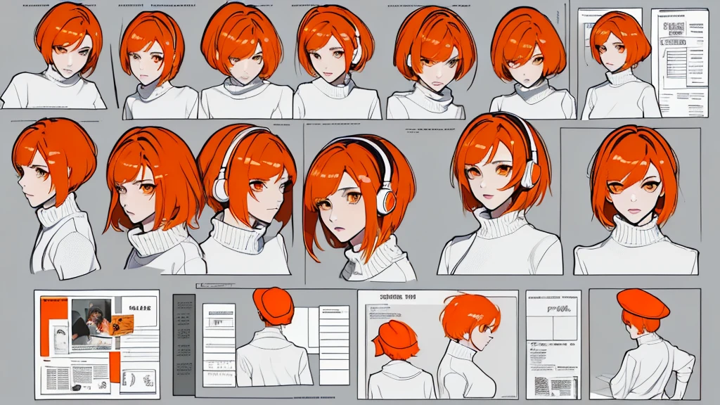 (Masterpiece,Highest quality),(Maximum details),(character design sheet,page,behind,side,All characters are the same.),woman,short hair,White and orange hair,pageตาน่ารัก,Bored,There are headphones on the neck.,Wear a white sweater,Wear orange shorts,orange eyes,Wear an oval hat