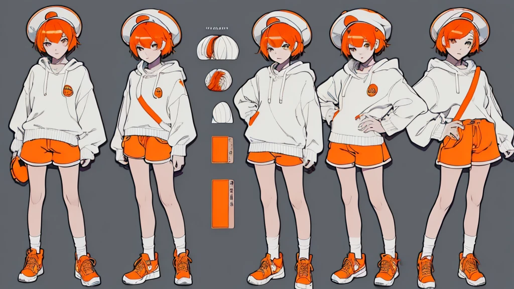 (Masterpiece,Highest quality),(Maximum details),(character design sheet,page,behind,side,All characters are the same.),woman,short hair,White and orange hair,pageตาน่ารัก,Bored,There are headphones on the neck.,Wear a white sweater,Wear orange shorts,orange eyes,Wear an oval hat