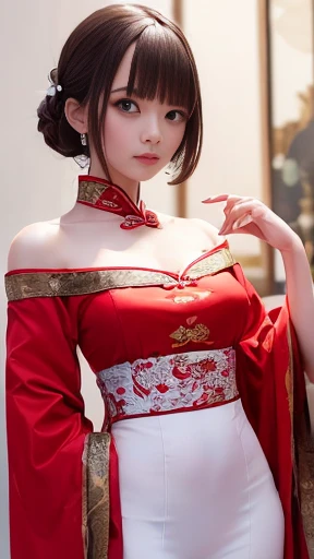 ((highest quality, 8k, masterpiece: 1.3)), Sharp focus Beautiful woman with perfect body, Slim abdomen, Highly detailed face and skin texture, Fine grain, ((Chinese traditional clothing,Red and white Hanfu,The length is short,Off the shoulder),Ancient Chinese Princess)),Ample breasts,Black Hair, Hair ornament studded with small jewels, Slender body, Panty strings exposed,