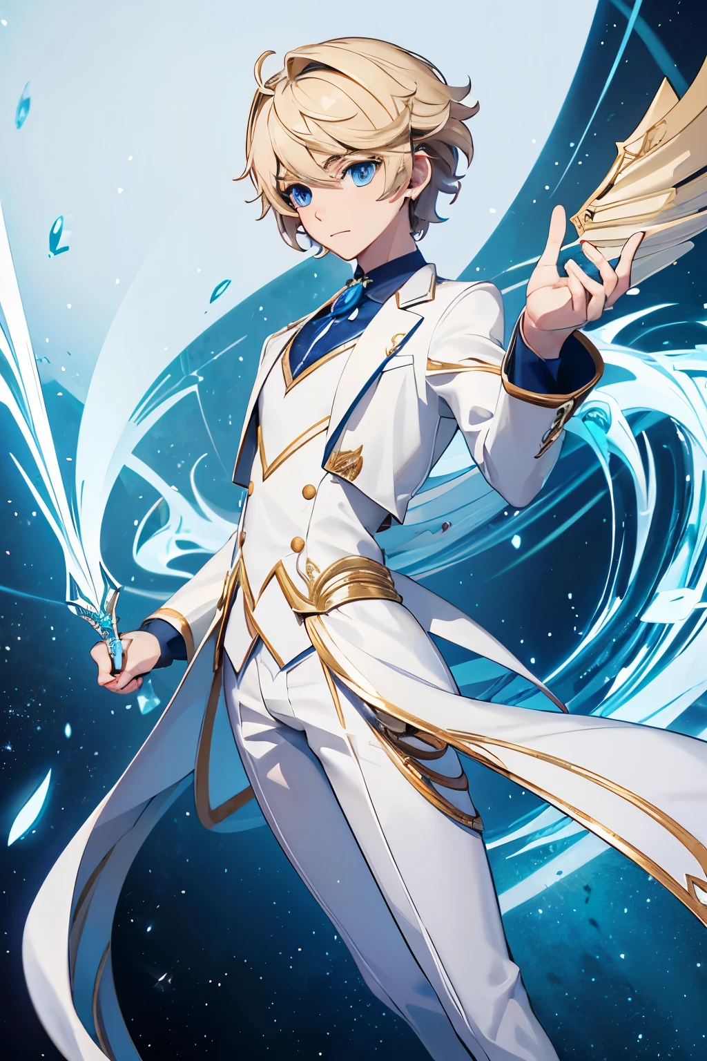 Anime guy with short blond hair and blue eyes in a white suit, белый suit with gold, concept art, inspired by Lee Chevalier, ArtStation, fantasy art, portrait guy knights of the zodiac, guy knights of the zodiac, very detailed exquisite fanart, Extremely detailed Artgerm, portrait anime space boy, гладкое аниме cg art, anime goddess, ! dream art embryo, Short stature, small, All-white suit, suit with gold, suit without stones, suit without bulges, 