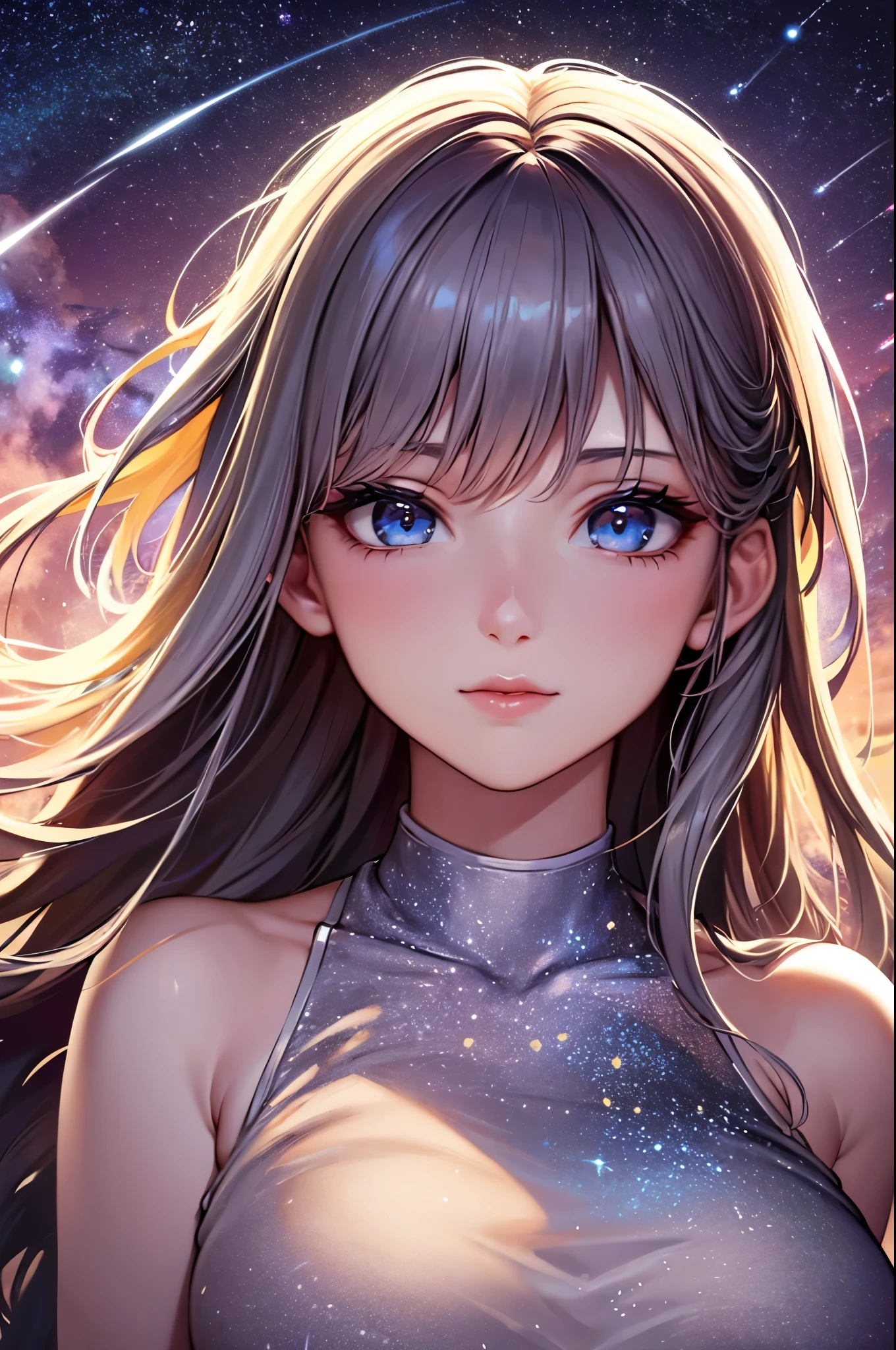 Attention to detail, Super Detail, Ultra-high resolution, A girl having a good time in a dream galaxy, Surrounded by stars, The warm light that shines on her, The background is a starry sky with colorful galaxies and galactic clouds, The stars fly around her, Delicate face, Add a playful touch , 