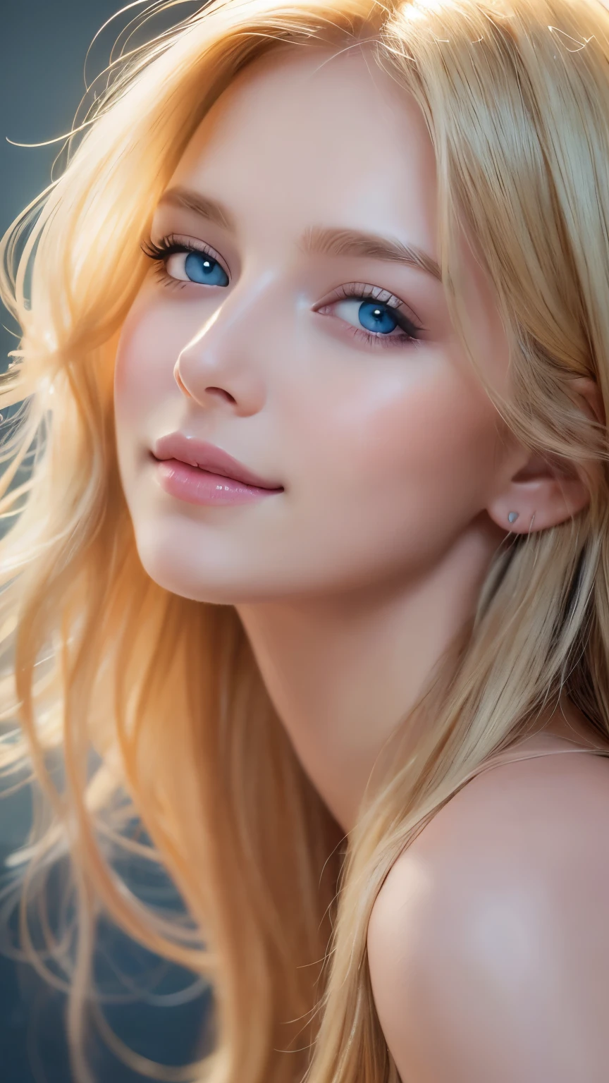 Soft portrait of a beautiful blonde woman, flowing golden hair, Captivating blue eyes, Delicate features, A radiant smile, Natural Makeup, wear elegantly, Gentle expression, A faint blush, Warm skin tones, Fantastic lighting, Soft Shadows, High resolution digital painting, Realistic Style, Artistic interpretation, By a skilled portrait painter.