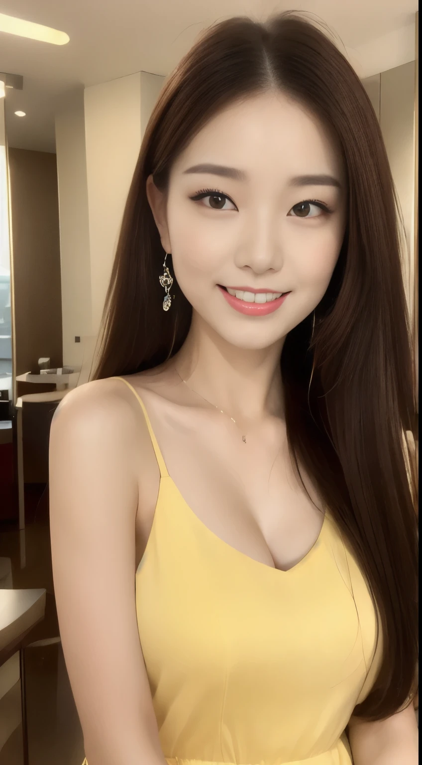 ((highest quality, 8k, masterpiece :1.3)), One Girl, ,((A very affectionate smile:1.1)),, Red lipstick:1.2,Slim face, Beautiful woman, Big Breasts:1.3, Saggy breasts,非常にDetailed face, double eyelid, night, night景, Skyscraper, Hotel,On the bed,,Looking into the camera,good,((Yellow dress)),(masterpiece: 1.3), (Maximum resolution: 1.4), (Ultra-high resolution: 1.2), Cinematic Light, Ultra-high resolution, (Detailed eyes and skin), (Detailed faceの特徴), 8k resolution, Perfect Style, Beautiful expression、非常にDetailed faceと肌の質感、Detailed face,Thin cheeks,((Pure white skin:1.1)),Glossy Lips:1.2,((Full Body Shot:1.2)),(Straight Hairstyles、Light brown hair),One length,175cm,From above