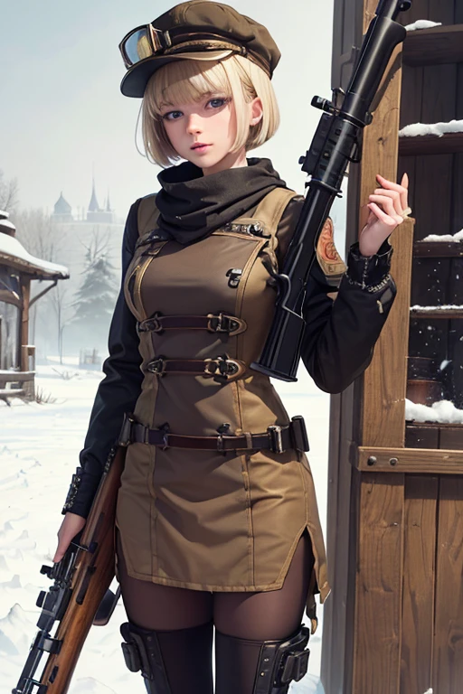 Ultra-detailed, master_piece, Top_quality, 1_beautiful_girl, ars_old, (shooting_long_barrel_rifle:1.5), blonde_bob_cut_hair, bangs, Very_beautiful_face, very_beautiful_large_eyes, even_eyes, (Highly decorative and complex mechanical steampunk fashion、Garrison_Cap, goggles 1.5, ruins, snow),