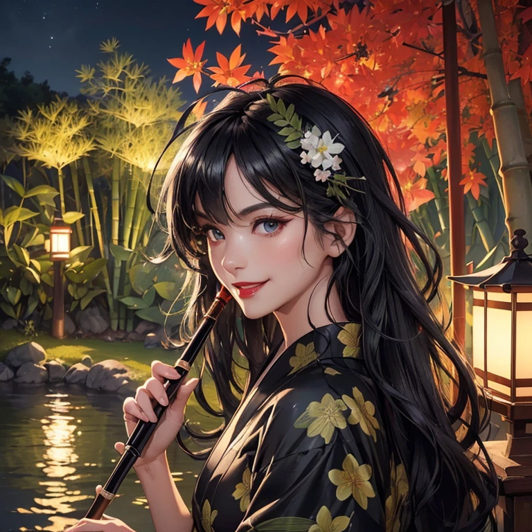 Extremely detailed illustration, details with high clarity, A girl, playing the flute, bamboo forest, Kiitsune, lake with crystal clear water, moonlit night, beautiful sky, dynamic angle, wearing (Japanese yukata, white yukata, red flowery), (work -raw: 1.2), (8K, best quality: 1.2), 8K paper wallpaper, HDR, elaborate features, octane rendering, (messy hair, black shiny hair: 1.4), (eyes extremely detailed greens: 1.3), (red lips, smile, teeth: 1.2), (perfectly proportioned face, sharp details), (contoured skin shape, perfect composition, correct texture, high details), vivid colors , adaptive brightness, cinematic lighting, (high resolution: 1.2), (ultra-detailed), depth of field.