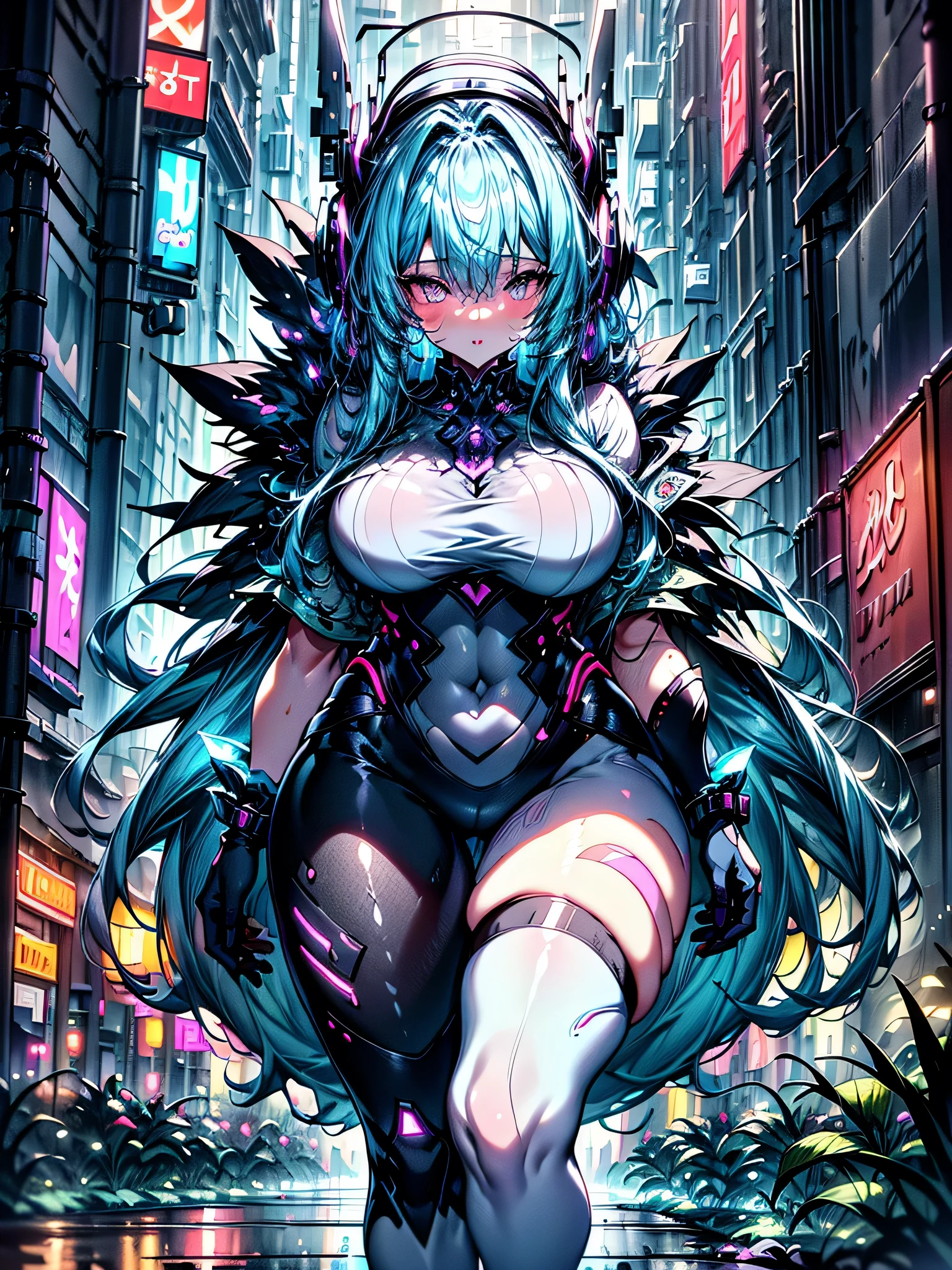 ((8k,masterpiece, best quality, highres)) ultra-detailed, beautiful,Realistic eyes,perfect face,beauty,perfect body,1girl,voluptuous_body,narrow_waist,parted lips,thin and tall, an anime-style long hair girl walking through a neon-lit city on a rainy ht, wearing headphones