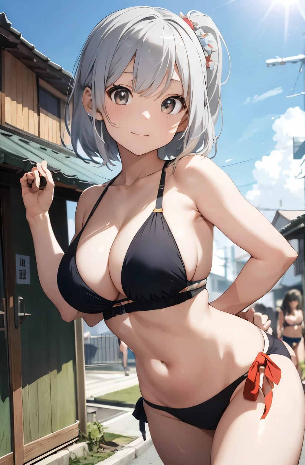 Silver-haired girl drawn in high resolution Japanese anime style、a group of women in bikinis posing for a picture, bikini model, oppai, young pretty gravure idol, posing together in bra, russian and japanese mix, sakimichan, asian women, is wearing a swimsuit, hot with shining sun, japanese model, cutecore, sakimichan hdri, young gravure idol, bbwcha