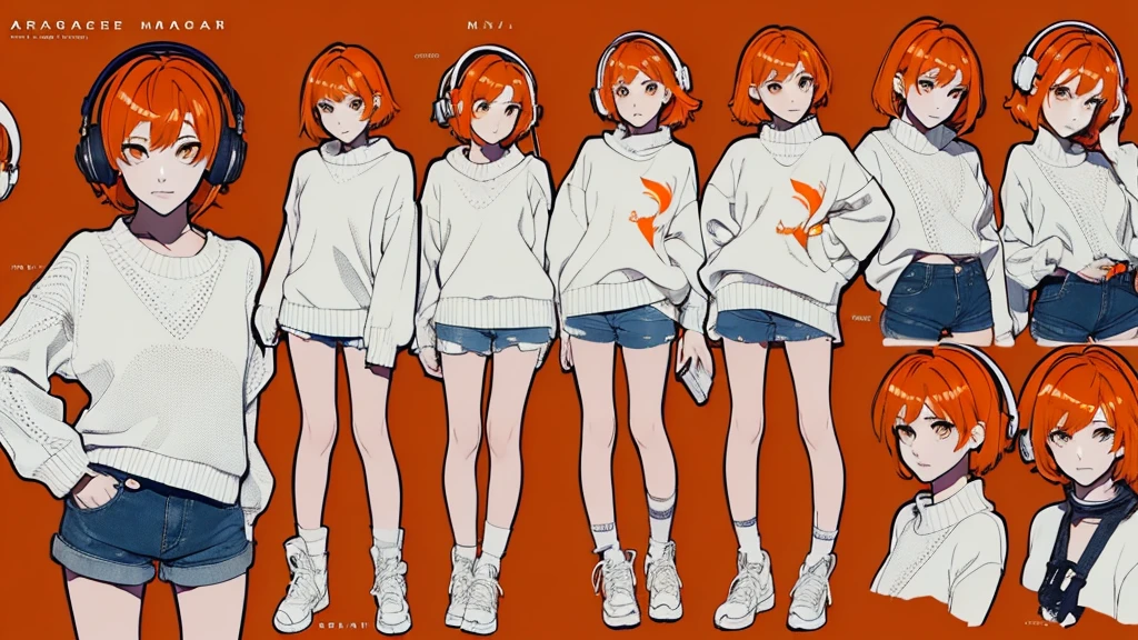 (Masterpiece,Highest quality),(Maximum details),(character design sheet,page,behind,side,All characters are the same.),woman,short hair,White and orange hair,pageตาน่ารัก,Bored,There are headphones on the neck.,Wear a white sweater,Wear orange shorts,orange eyes,Wear an oval hat