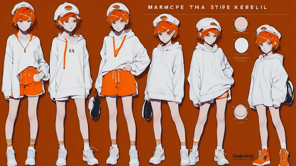 (Masterpiece,Highest quality),(Maximum details),(character design sheet,page,behind,side,All characters are the same.),woman,short hair,White and orange hair,pageตาน่ารัก,Bored,There are headphones on the neck.,Wear a white sweater,Wear orange shorts,orange eyes,Wear an oval hat