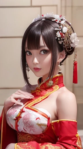 ((highest quality, 8k, masterpiece: 1.3)), Sharp focus Beautiful woman with perfect body, Slim abdomen, Highly detailed face and skin texture, Fine grain, ((Chinese traditional clothing,Red and white Hanfu,The length is short,Off the shoulder),Ancient Chinese Princess)),Ample breasts,Black Hair, Hair ornament studded with small jewels, Slender body, Panty strings exposed,