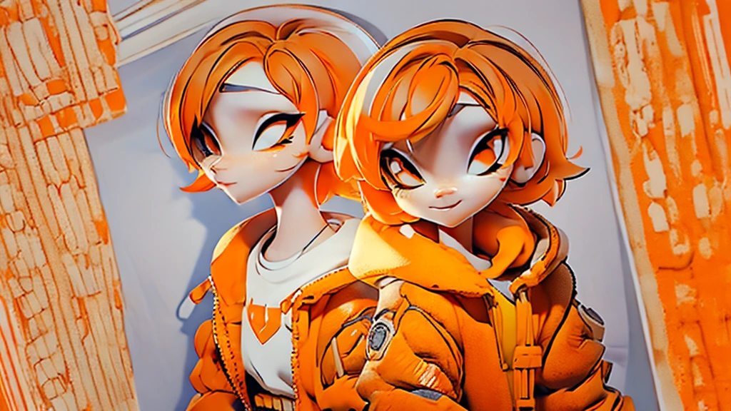 (Masterpiece,Highest quality),(Maximum details),(character design sheet,page,behind,side,All characters are the same.),woman,short hair,White and orange hair,pageตาน่ารัก,Bored,There are headphones on the neck.,Wear a white sweater,Wear orange shorts,orange eyes,Wear an oval hat