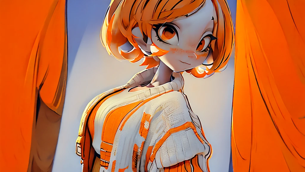 (Masterpiece,Highest quality),(Maximum details),(character design sheet,page,behind,side,All characters are the same.),woman,short hair,White and orange hair,pageตาน่ารัก,Bored,There are headphones on the neck.,Wear a white sweater,Wear orange shorts,orange eyes,Wear an oval hat