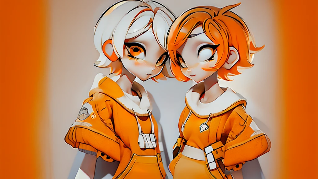 (Masterpiece,Highest quality),(Maximum details),(character design sheet,page,behind,side,All characters are the same.),woman,short hair,White and orange hair,pageตาน่ารัก,Bored,There are headphones on the neck.,Wear a white sweater,Wear orange shorts,orange eyes,Wear an oval hat