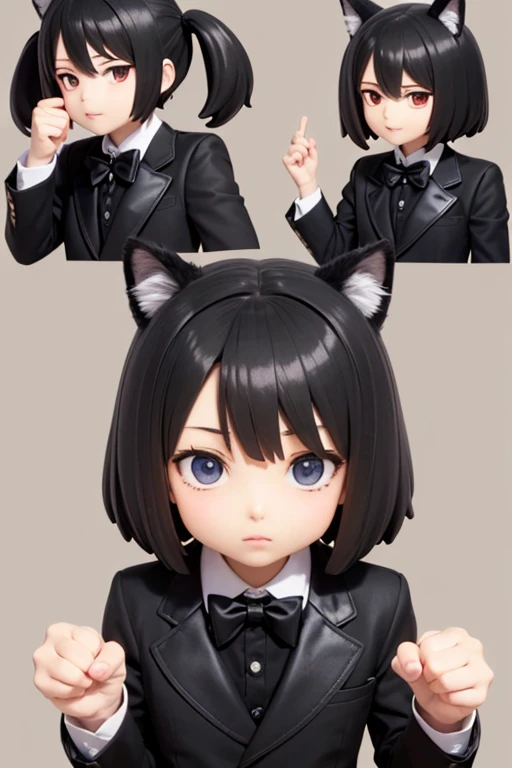 A young man with black hair and black cat ears, Black Suit, Black bow tie, Butler, looking at the camera, eyes in the style of Nendoroid, Nendoroid eyes, style as Nendoroid, water color Nendoroid, Nendoroid, Nendoroid 3 d, Nendoroid, He has a cute, expressive face, an anime Nendoroid of karl marx